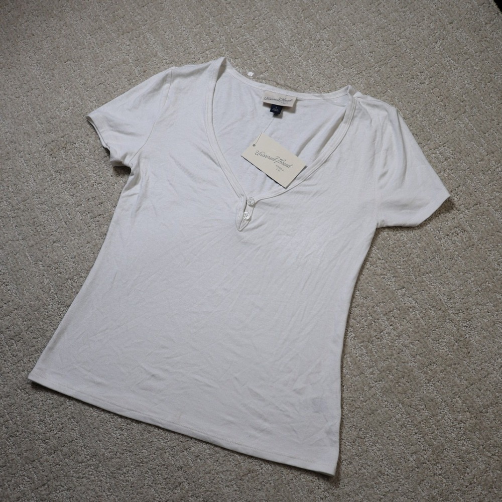 Universal Thread Womens Cream White Short Sleeve Henley V-Neck Top SS-029 S